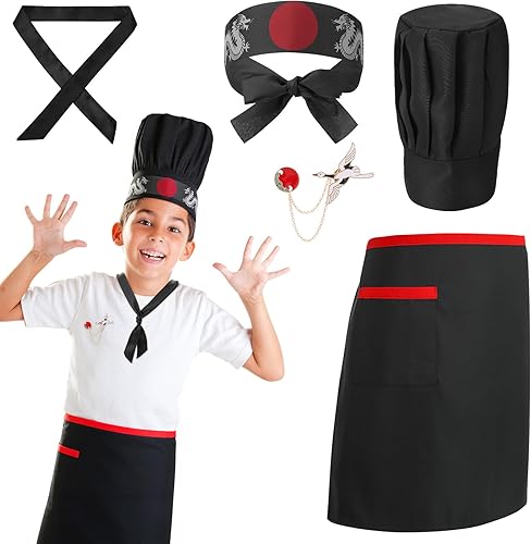 Hibachi - Conjunto de disfraz de chef y delantal, disfraz de teppanyaki japonés completo profesional con sombrero de chef alto