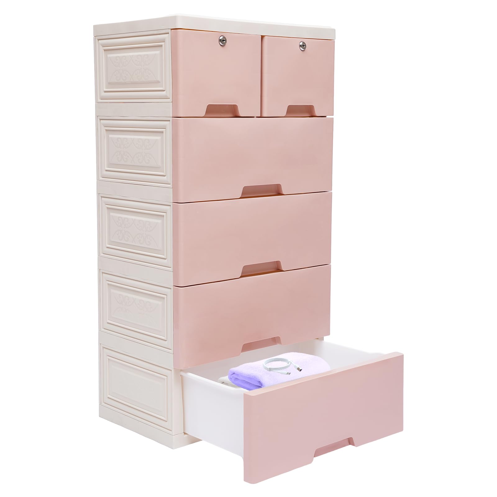 Torre portaoggetti in plastica, cassettiera con 6 cassetti e 4 ruote, modernità per soggiorno, camera da letto, larghezza 50 x profondità 30 x altezza 120 cm (rosa)