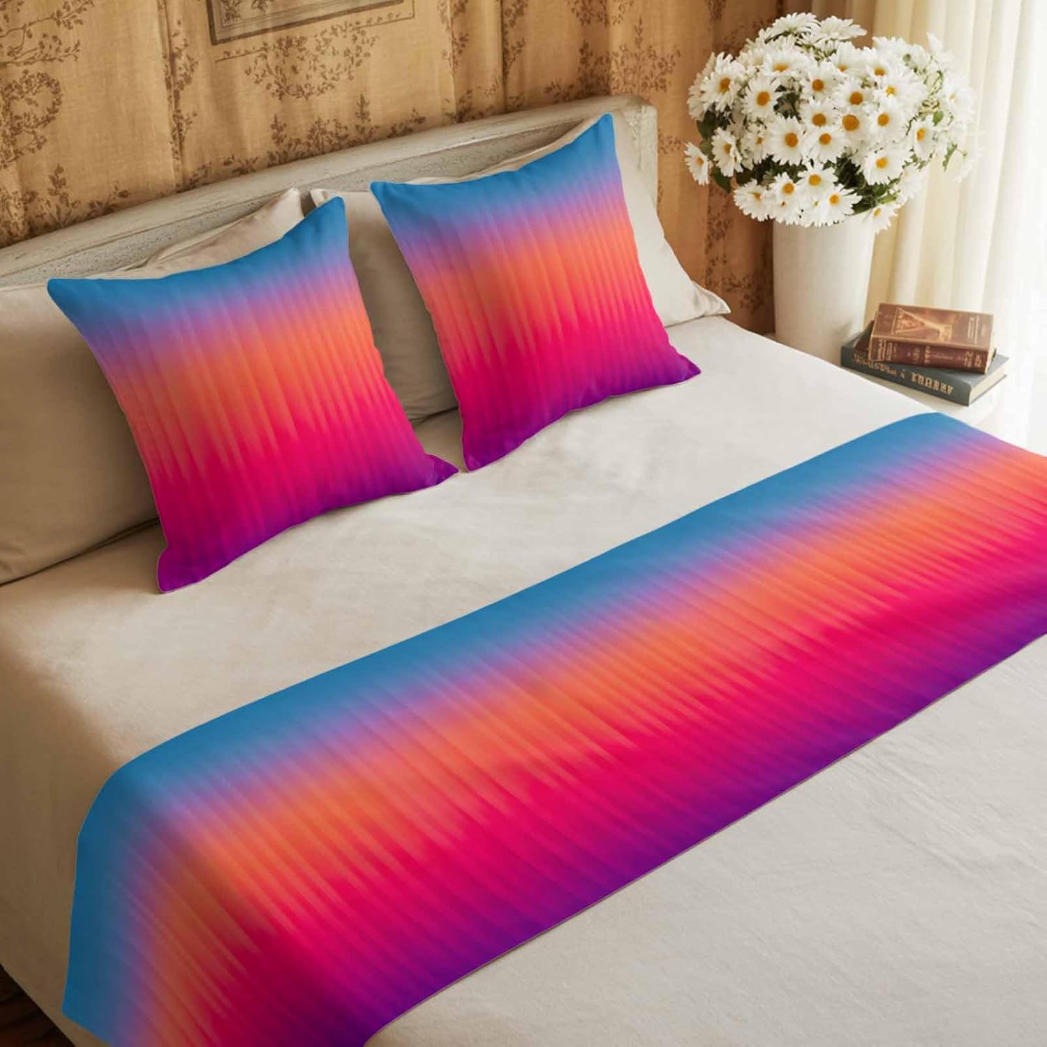 Blue Purple Orange Bed Runners for Queen Size Beds Modern Ombre Abstract Art Bed Scarf Matching Decorative Throw Pillow Covers Hotel Beds End Blanket Towel Soft Bedspread Protection for Home Bedroom
