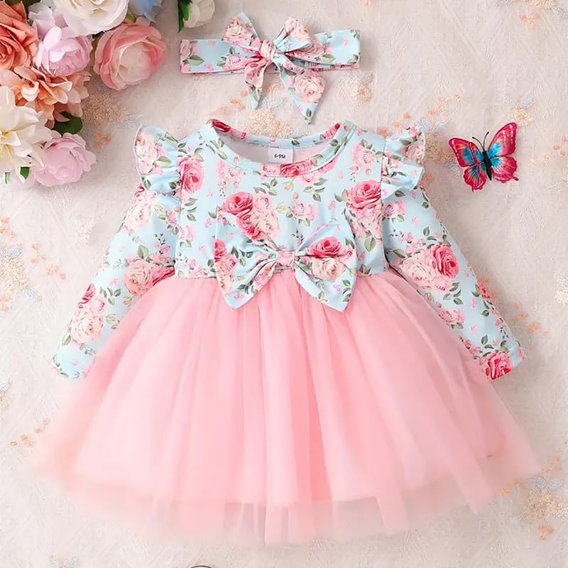 Image of Niren Enterprise Long Sleeve Printed Flower Belted Round Neck Baby Girl Frock with Knee-Length and A-Line Style