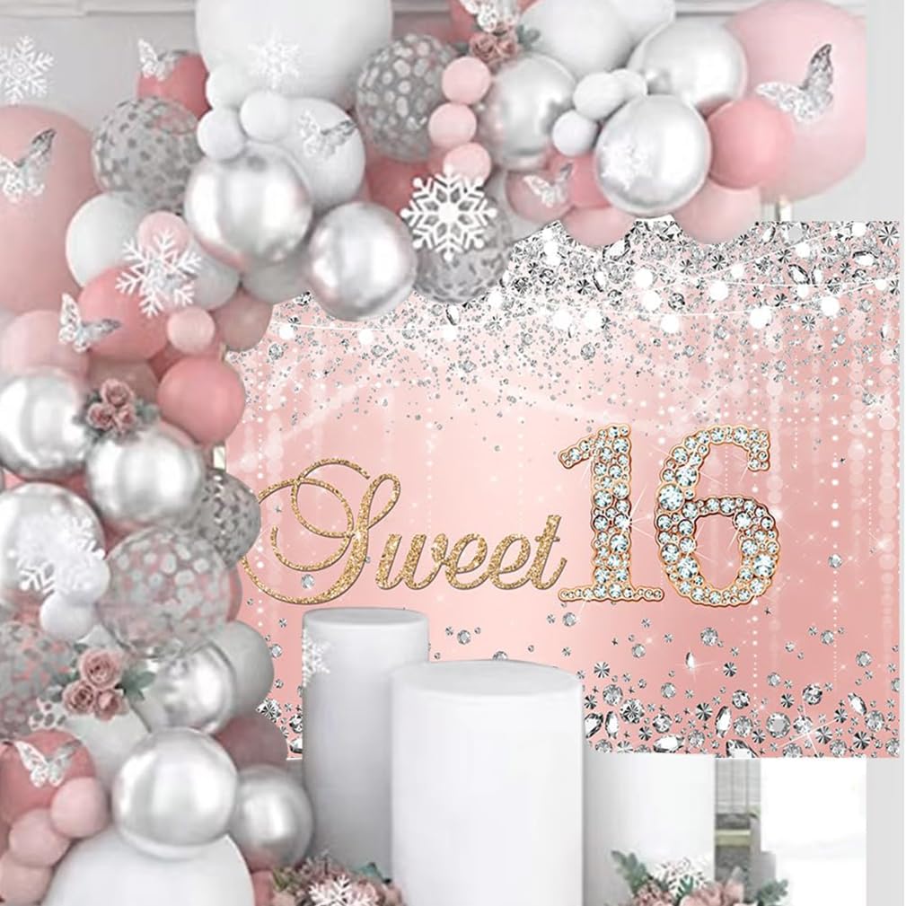 Runder Fotohintergrund 'Happy 16 Bday' – 2,2x2,2 M, Polyester, Rosa/Roségold Mit Glitzer, Für Geburtstagsfotos