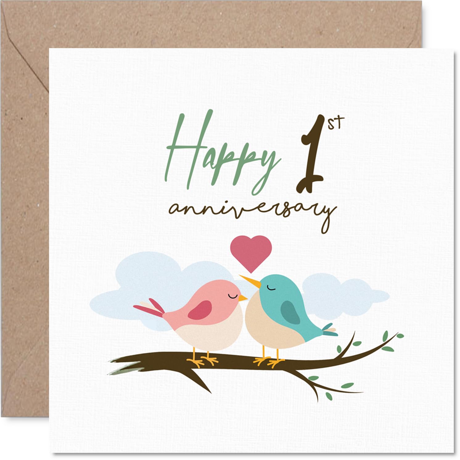 Romantic 1st Anniversary Card - Sweet Little Lovebirds on a Branch - Soft Watercolour Birds and Hearts - Adorable Way to Mark a First Anniversary - 145mm Square, Envelope Included