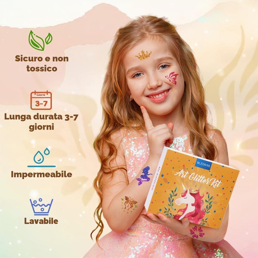 Bledras Kit Tatuaggi Glitter per Bambini, Regalo per Compleanno Festa di Carnevale 36 Colori con 18 Stencil, Kit Trucco Temporaneo Non Tossico per Bambini, Regalo per Compleanno Festa di Natale