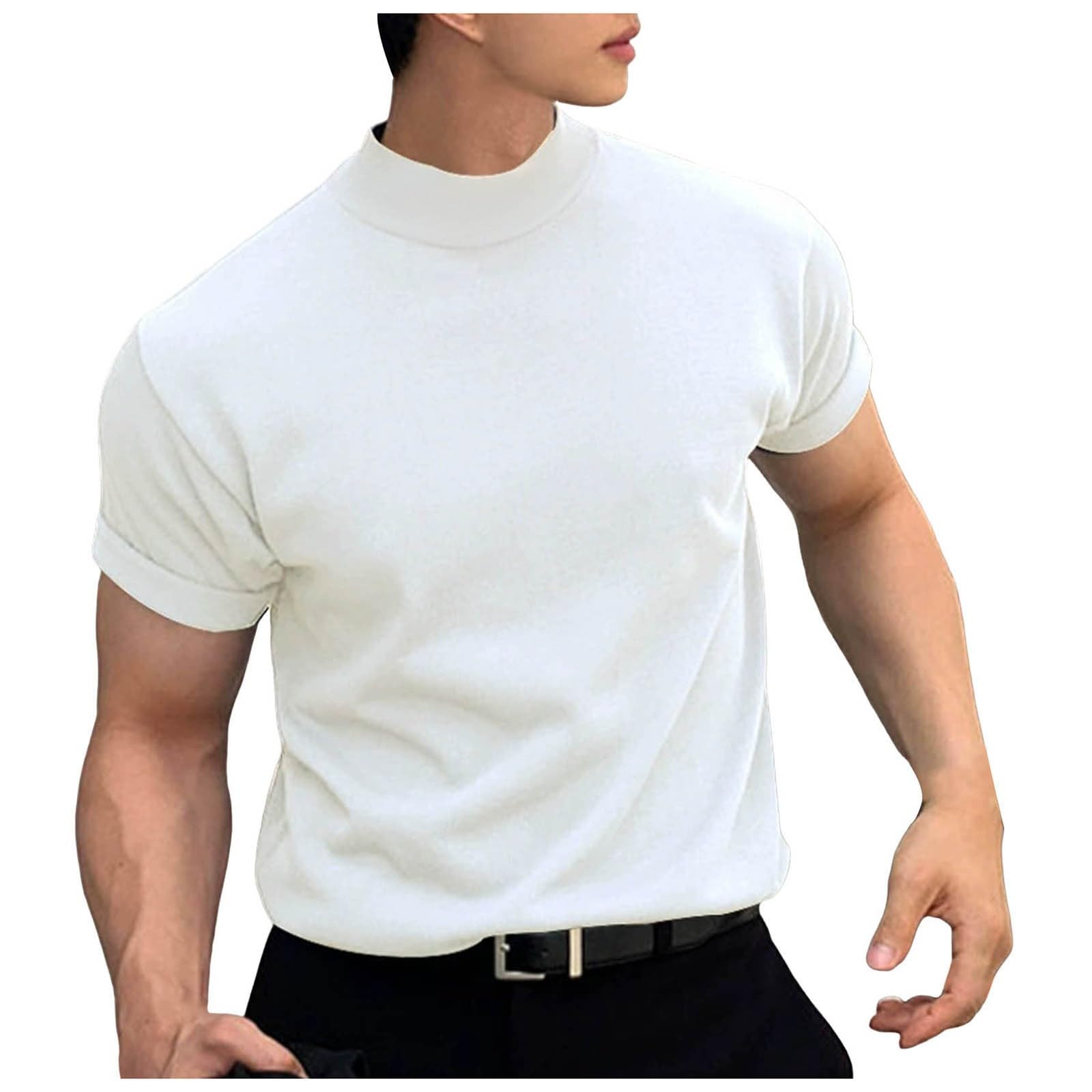 [KELIHAWK] ハイネックtシャツ メンズ 半袖 トップス モックネック 無地 細身 カットソー タートルネック 薄手 インナーシャツ おしゃれ シンプル カジュアル プルオーバー 大きいサイズ ゆったり 夏服 柔らかい 無地 男性用（ホワイト/XL）