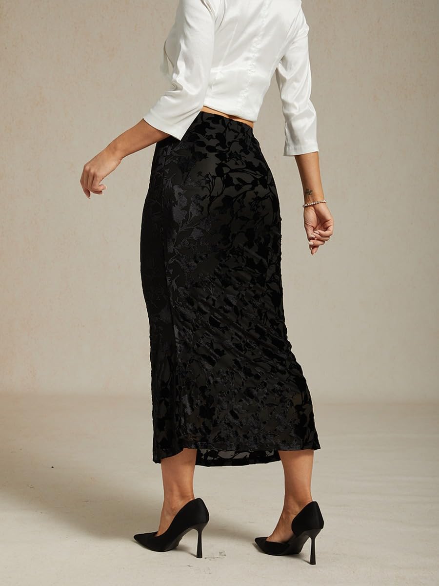 Women's High Waist Velvet Floral Mermaid Maxi Skirt Elegant Bodycon Fishtail Long Skirts for Evening Party - Image 7