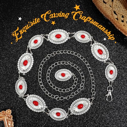 SANSTHS Western Metal Concho Belt for Women, Waist Chain Cowgirl Belt for Dresses Jeans Pants with Silver Chain, red gem L3