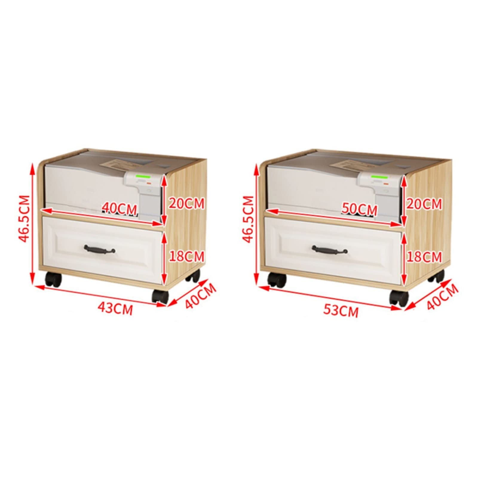 Druckerständer aus Holz mit 2 Ebenen, Schublade und Rädern, unter dem Schreibtisch, Druckerwagen für Heimbüro, mobiles Druckerregal, Druckerhalter (L x B x H): 53 x 40 x 46,5 cm