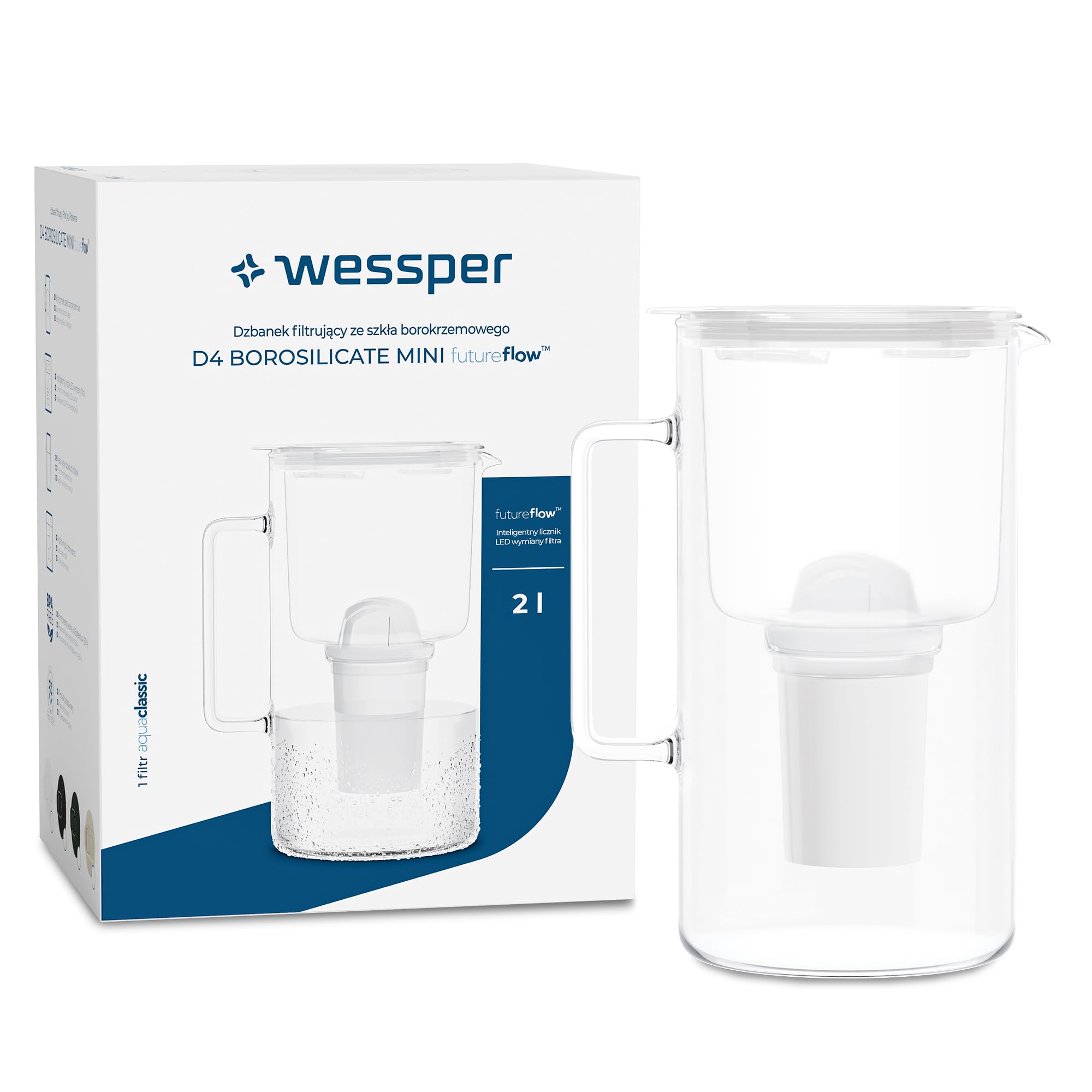 Wessper Caraffa filtrante in Vetro con Cartucce Filtranti per acqua potabile da 2 l, Brocca in Vetro con contatore Filtro Intelligente, Kit Comprendente 1 Filtro a Carbone Attivo- Bianco