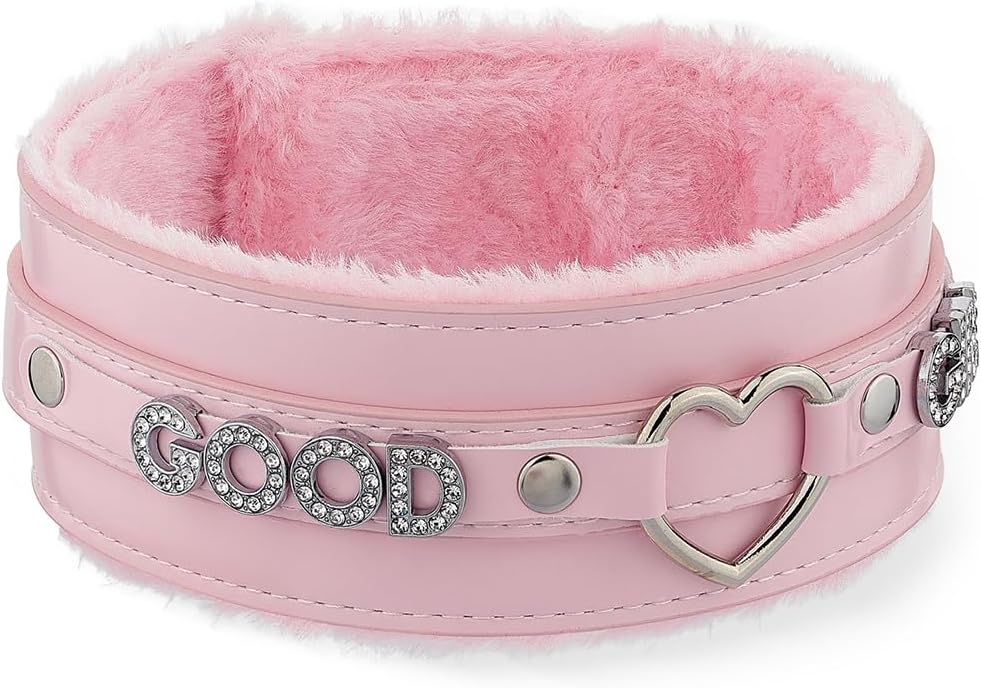 Pink Furry Heart O-ring Leather Choker Collar For Women, Handmade Punk Gothic Letter Necklace Adjustable Fashion Jewelry - Image 2