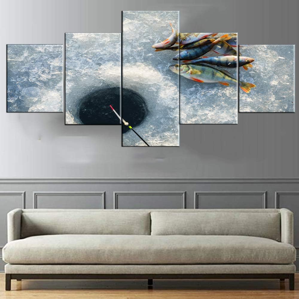 Canvas Pictures Caught Fish on Ice Fishing Wall Art for Living Room 5 Panel White Artwork Modular Abstract Paintings Modern Home Decor Wooden Framed Ready to Hang Posters and Prints(50''W x 24''H) 50WX24H Artwork-19