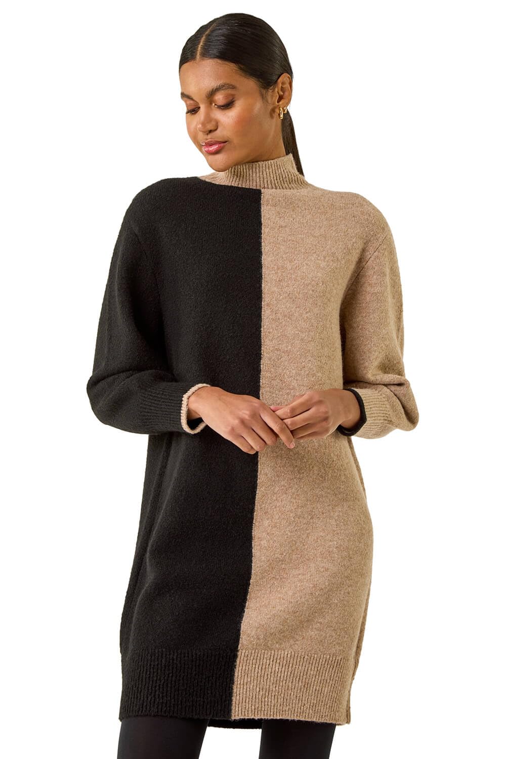 Roman Originals Women's Biscuit Contrast Colour Knit Dress For Uk - Everyday Autumn Winter High Neckline Comfy Soft Evening Vacation Work Party Night Out - Size 16