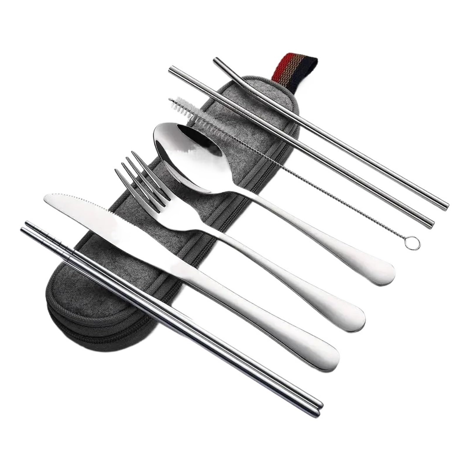 8 unids/set vajilla reutilizable juego de cubiertos viaje utensilios campamento con cuchara acero inoxidable tenedor palillos paja Estuche portátil(Purple)