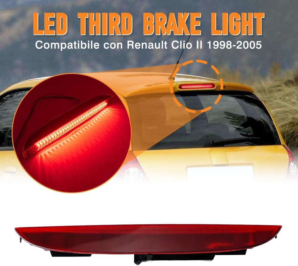 Riloer Troisième Feu de Stop pour Clio 2, 7700410753 Troisième feu arrière de frein arrière à montage haut, troisième feu stop à LED, compatible avec Renault Clio II 1998-2005, rouge
