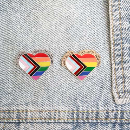 Image of LGBT Rainbow Pride Pins YOU CAN BE YOURSELF WITH ME /YOU ARE SAFE WITH ME Enamel Lapel Pin LGBTQ Pride Ally Pin Progress Pride Brooch Badge Pin for Shirt Backpack Hat Pride Month Decoration Jewelry