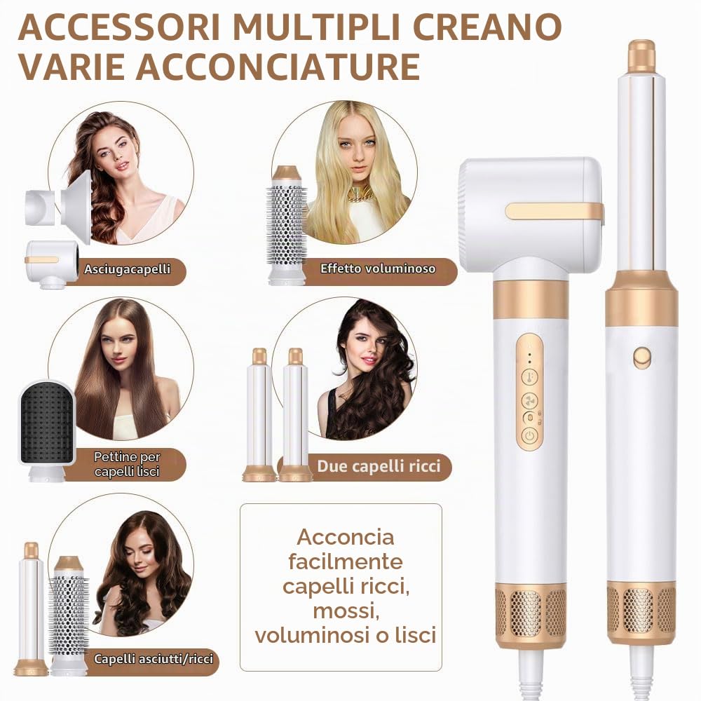 Asciuga Capelli 7 In 1, Air Styler Con Spazzola Asciugacapelli, Lisciante, Diffusore, Ugello Per Lo Styling, 110000 Giri/Min Phon Per Lisciare, Volume e Styling