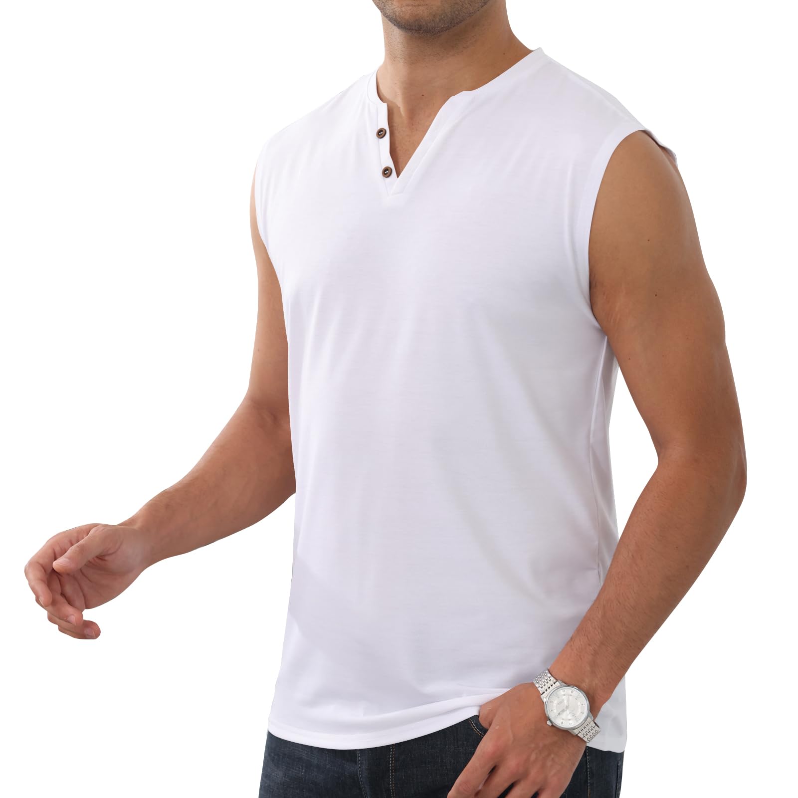 Hommes Débardeurs Basic Vestes sans Manches Tees Henley T-Shirt Coton Bouton Col en V Léger Souple Extensible