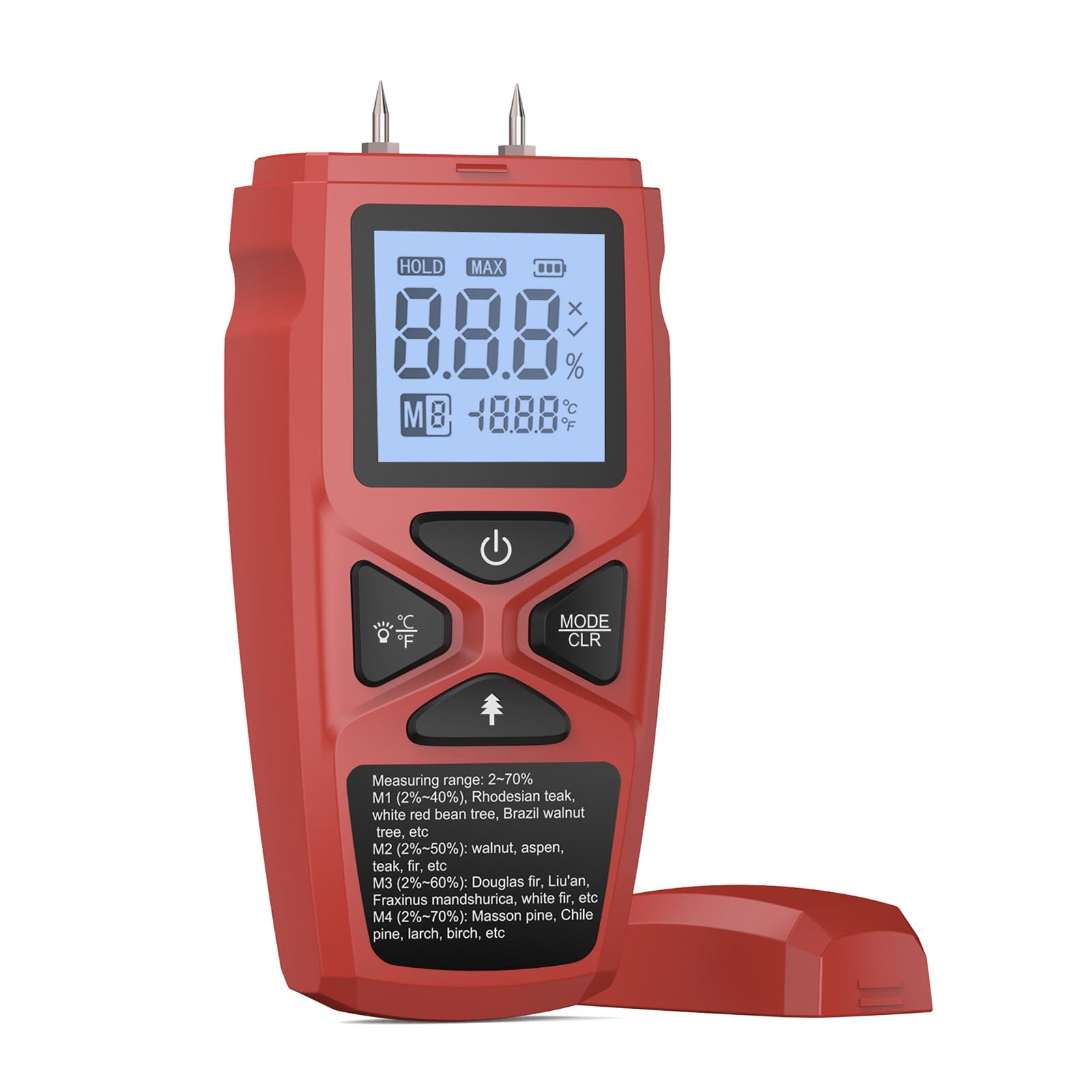 Mulcort Wood Moisture Meter Thermometer for Hard Wood Soft Wood Paper Bamboo Herbs LCD Display High Precision and Fast Response Data Hold Low Battery Indication 4 Measuring Range, Red