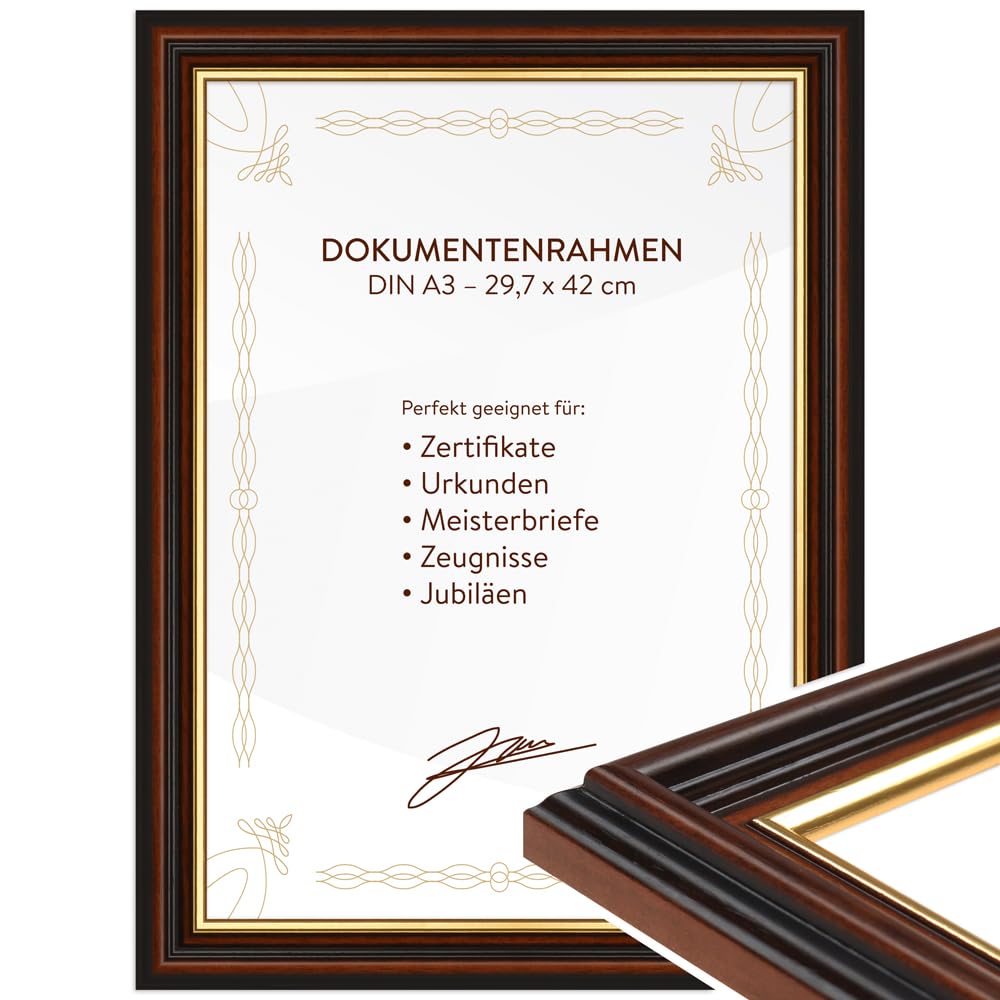Wandstyle Brown Document Frame For Certificates And Certificates, Din A3 29.7 X 42 Cm, Wooden Frame, Made In Germany - H015