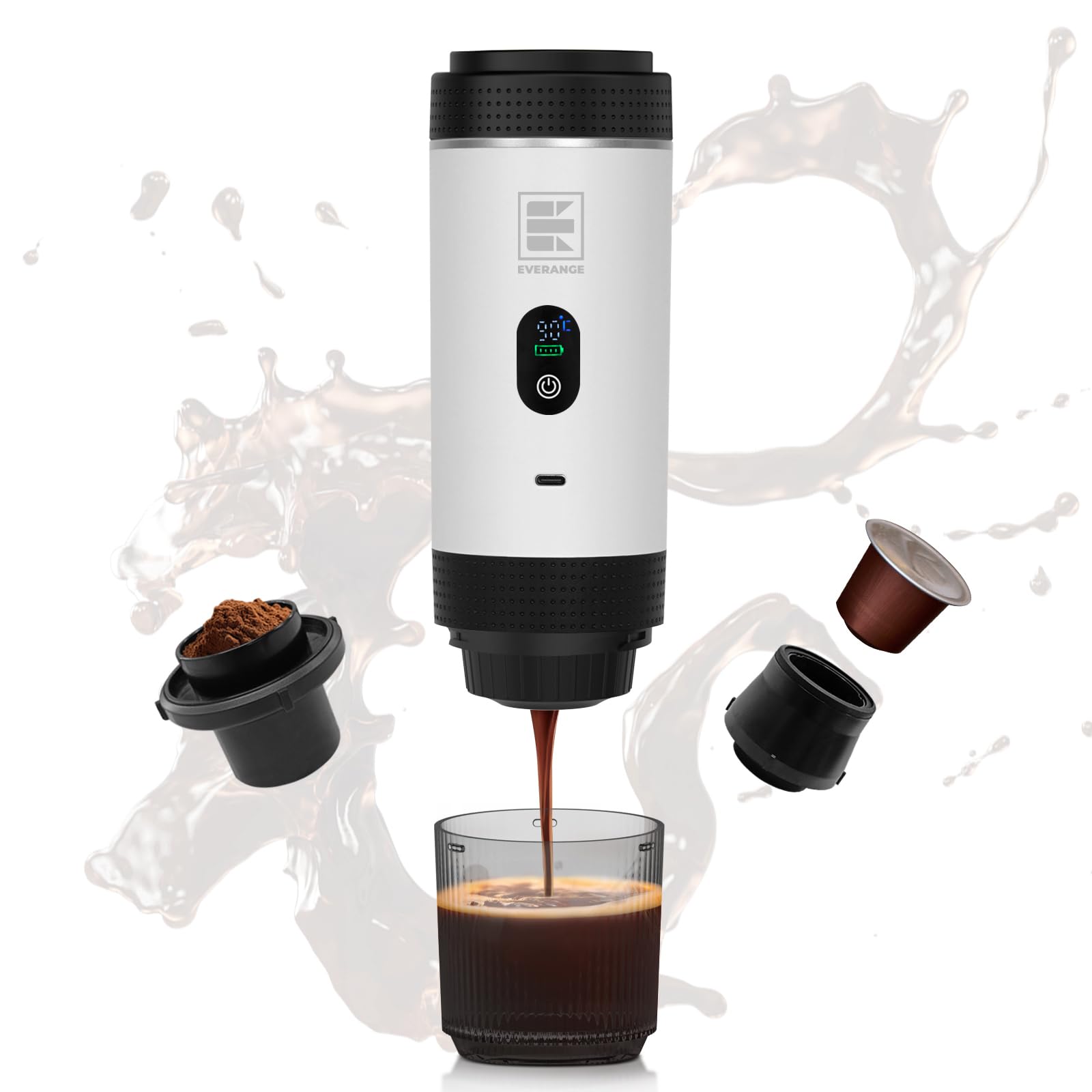 Tragbare elektrische Espressomaschine, Reisekaffeemaschine, kompatibel mit gemahlenem Kaffee und NS-Kapseln (Weiß mit LCD-Display)