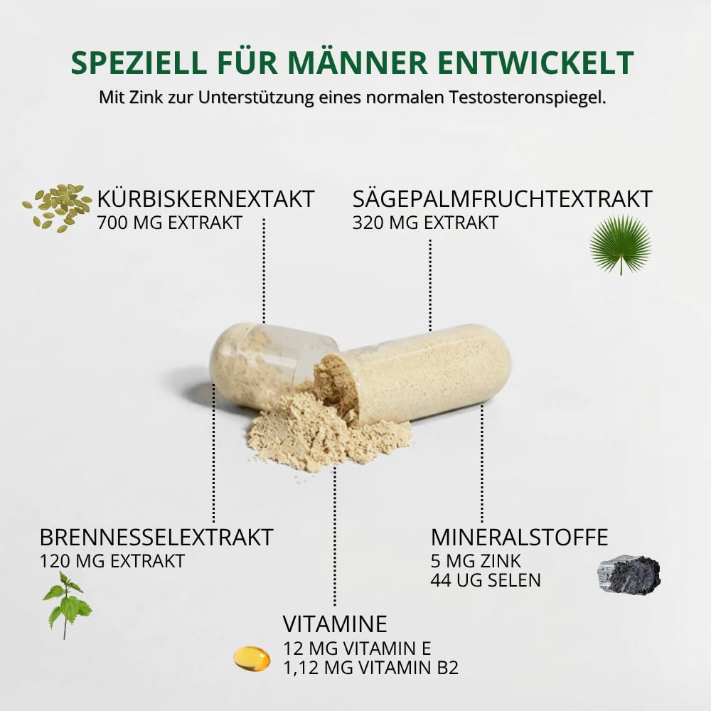 Sägepalmenextrakt & Kürbiskernextrakt - 8 Fach Kombi mit Brennnesselextrakt, Vitamin E, Zink, Selen & Natrium - Vegan - 120 Kürbiskern-Kapseln hochdosiert Naturklar