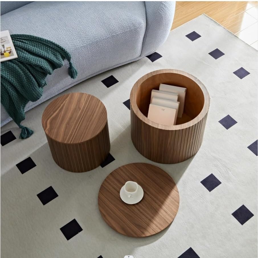 Nesting Coffee Table Set of 2,Modern Round Wooden Coffee Tables with Storage,Luxury Side Table Accent End Table for Small Space Living Room Apartment (19.17”)