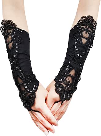 JISEN Satin Fingerless Lace Gloves for Women - 11 Inch Elegant Bridal Mittens