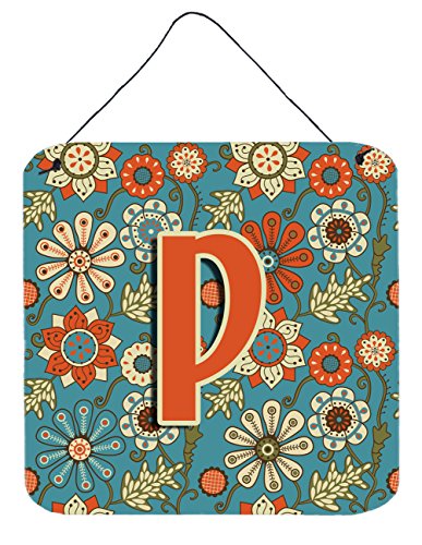 Caroline's Treasures CJ2012-PDS66 Letter P Flowers Retro Blue Wall or Door Hanging Prints Aluminum Metal Sign Kitchen Wall Bar Bathroom Plaque Home Decor, 6x6, Multicolor