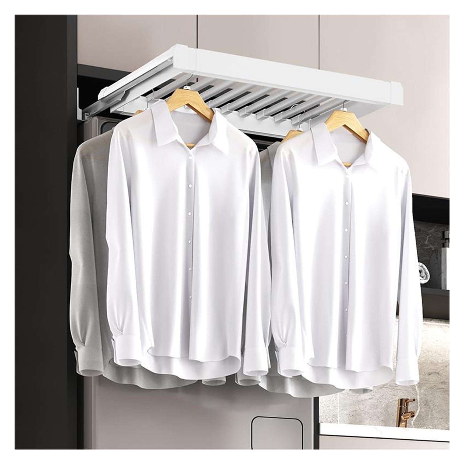 WOTZOV Space-Saving Aluminum Drying Rack For Washing Machine, Pull-Out Wardrobe Basket, Built-In Clothes Organizer, Adjustable 464-514Mm, White Laundry Solution，White 564 614mm
