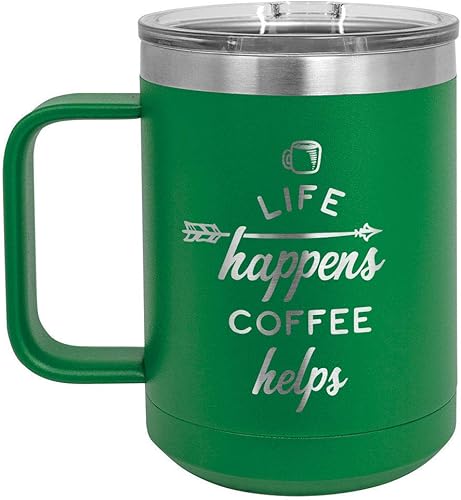 ONLYGIFTS.COM - Taza de café con tapa deslizante (13.0fl oz), diseño con texto en inglés "Life Happens", Verde disponible en Yaxa Peru