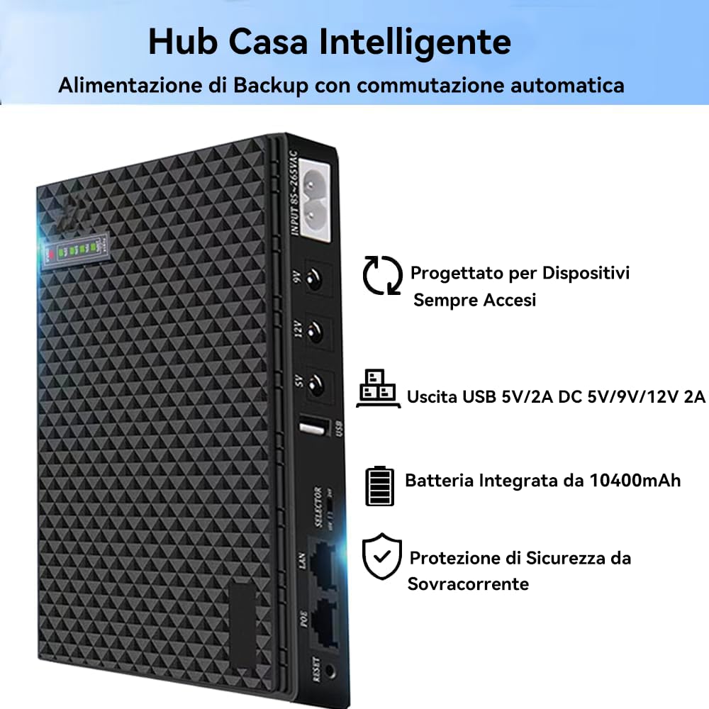 Mini UPS Batteria di Backup per Router, con10400mAh con POE, Uscita USB 5V/2A DC 5V/9V/12V 2A per Modem, Telecamere di Sicurezza, Smartphone