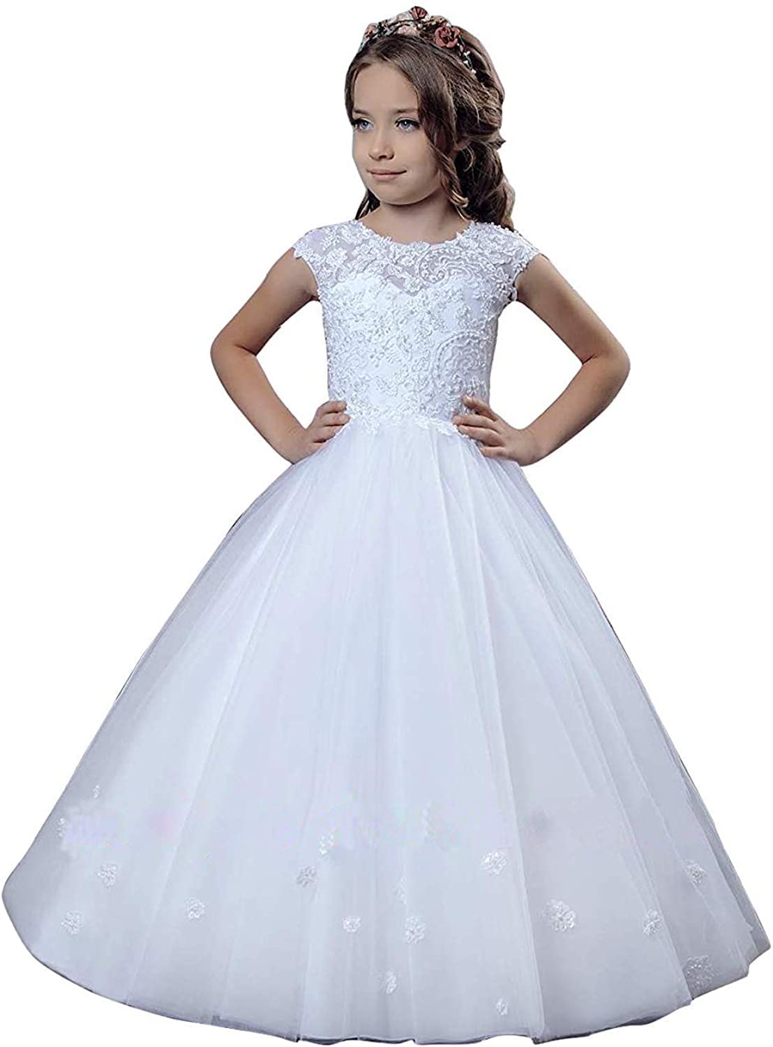 Vestido de Primera Comunión Vestido de Dama de Honor de Encaje con Cuentas Vestido de Fiesta de Desfile de Bodas Princesa comunión hasta el Suelo Vestido de Baile Bohemio
