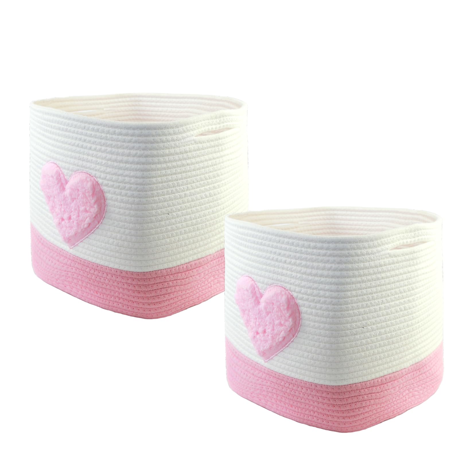 Cestini portaoggetti, 28 x 28 x 28 cm, quadrati intrecciati in corda di cotone, piccoli cestini intrecciati per la selezione, per cameretta dei bambini, uffici, decorativi. (set da 2, cuori rosa)