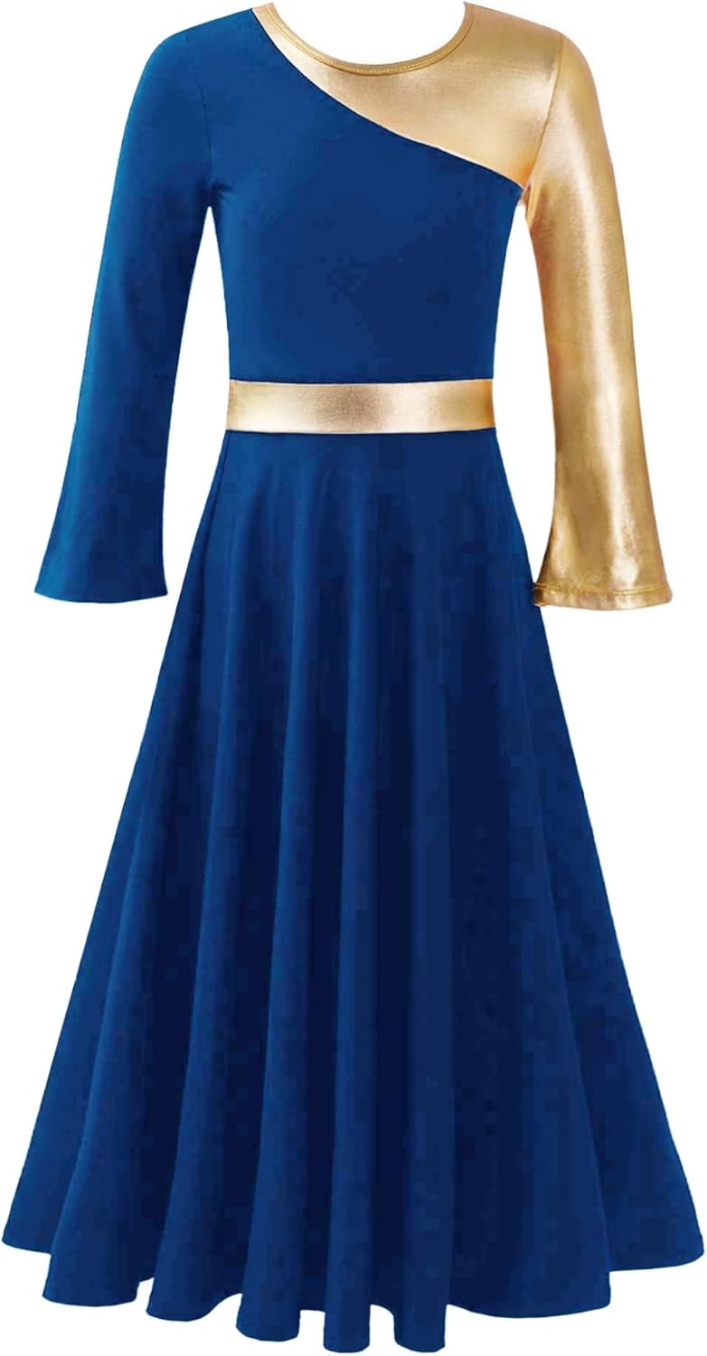 Girls Praise Dance Robe Liturgical Worship Metallic Patchwork Bell Long Sleeve Dress Loose Fit Church Dancewear