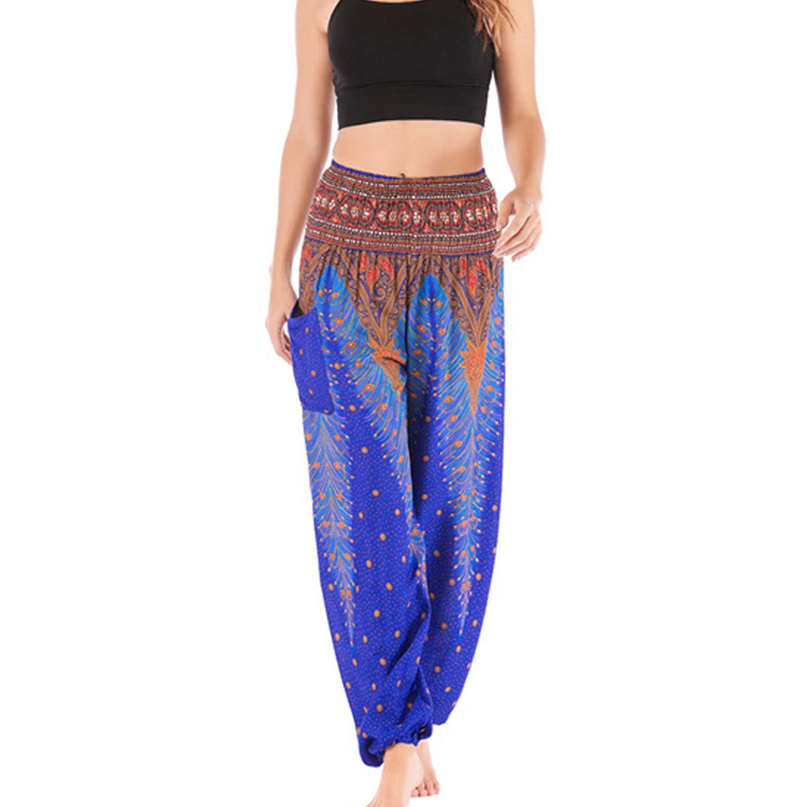 Maiyifu-GJ Women's Boho Palazzo Pants High Waist Wide Leg Bohemian Yoga Pant Floral Printed Loose Fit Casual Trousers (Blue 1,One Size)