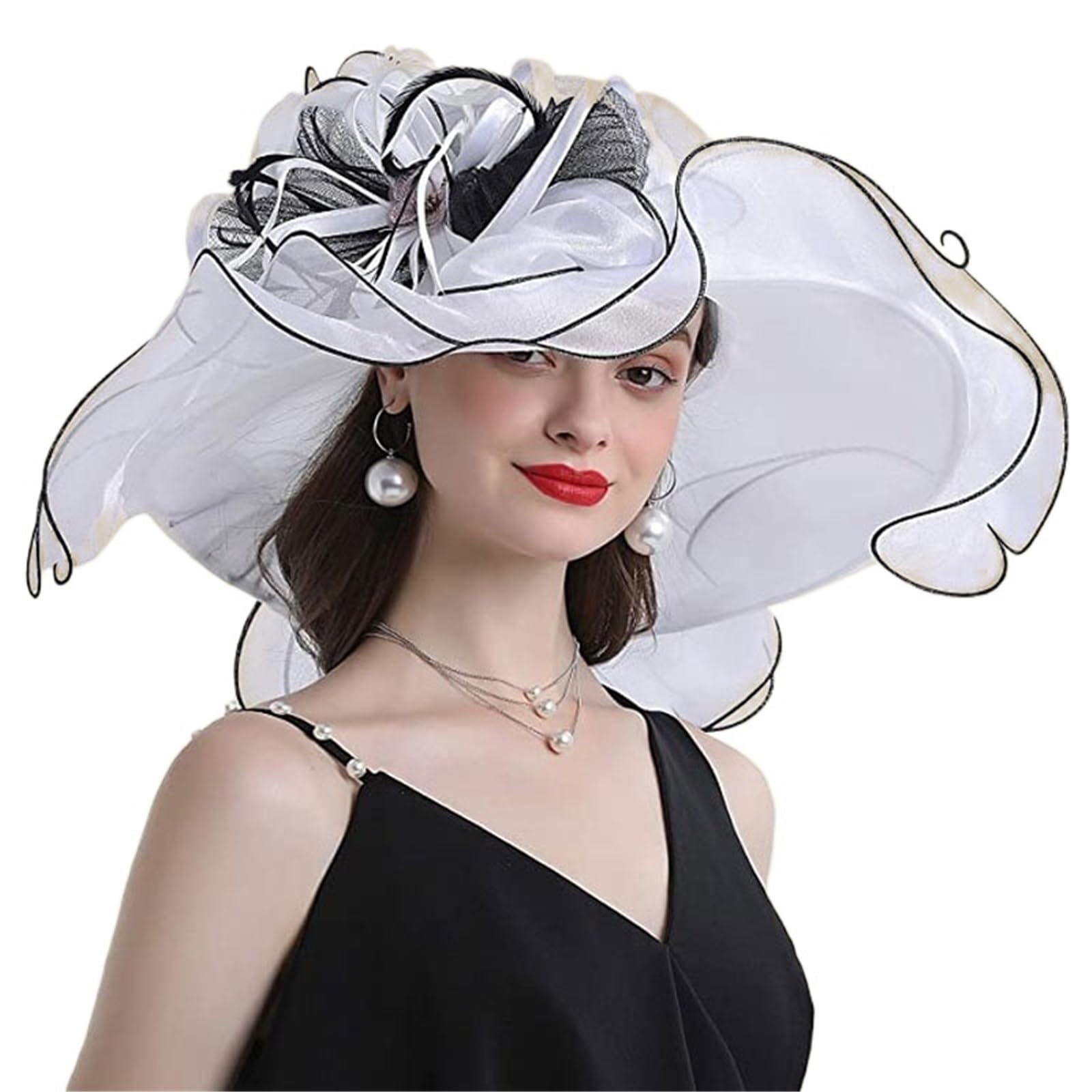 Cappelli da Fascinator a Tesa Larga Grande for Donna, Cappello Fedora in Organza, Fiore Bianco, Sole, Matrimonio, Tea Party, Chiesa