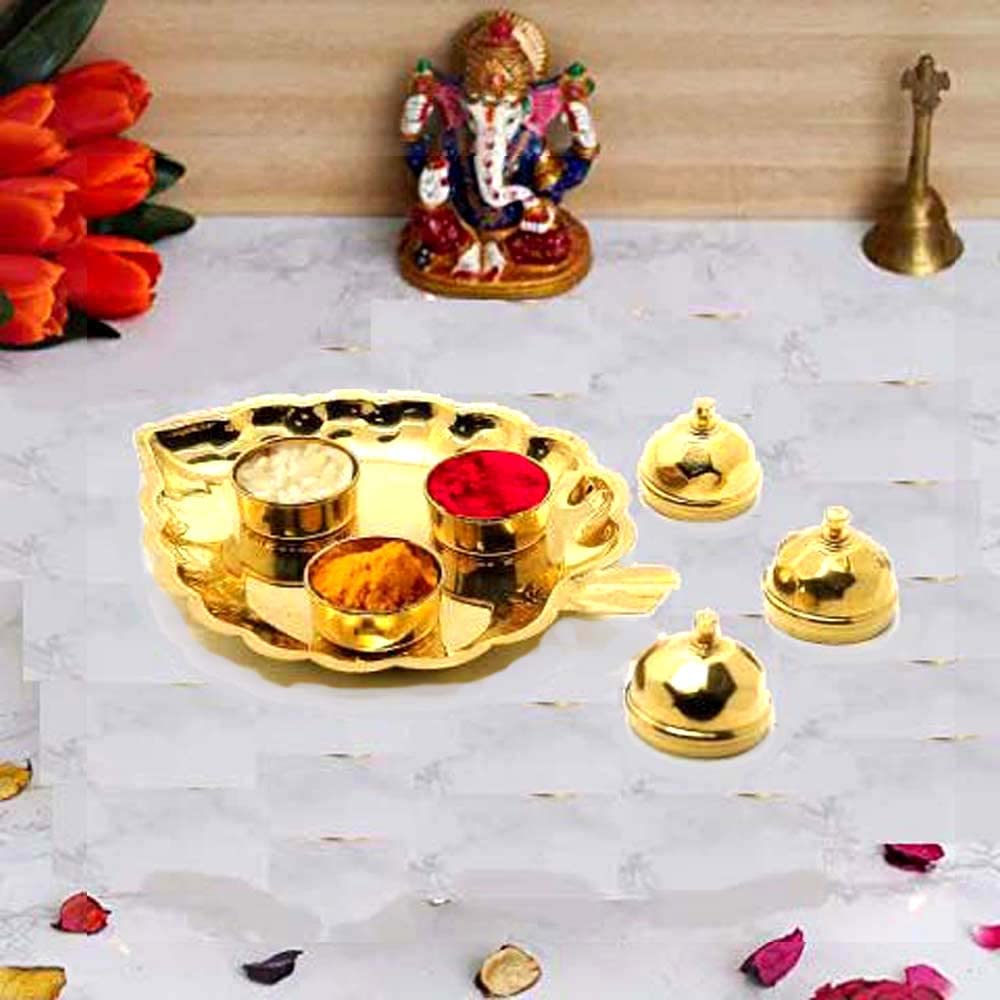 Denique Brass Leaf Shaped Puja Thali Karanda Rituals Roli Chawal Akshat Dibbi Chandan Chopala Elaichi Mishri Haldi Kumkum Mug Holder for Pooja 1