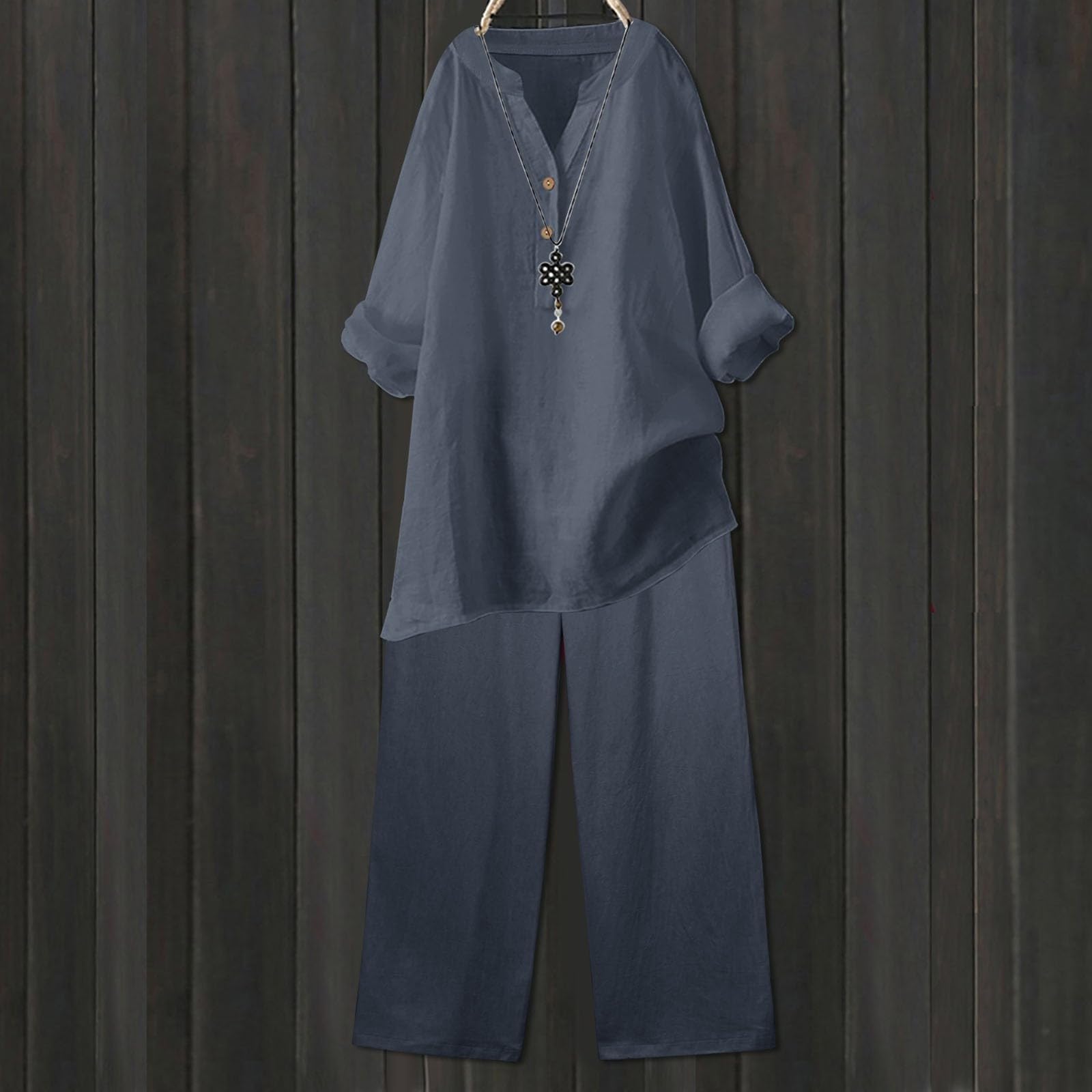 Ensemble de pyjama 2 pièces pour femme - Grandes tailles - Couleur unie | Combinaison ample en lin à manches mi-longues, col en V, boutons et taille élastique, lacets, pantalon à jambes larges