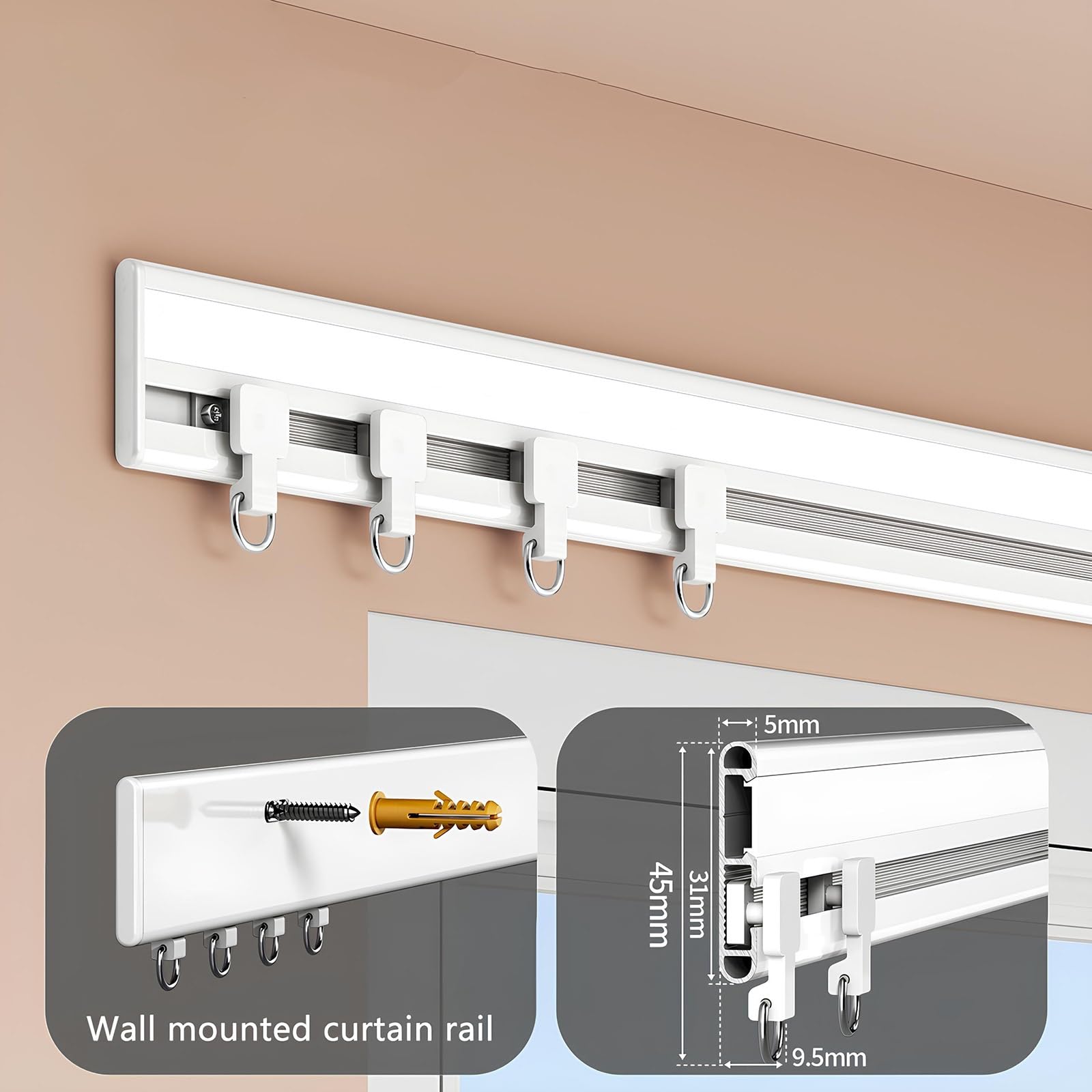 UltraThin montowany na ścianie aluminiowy zestaw gąsienic do przesuwnych przegródek i szafy 250 cm, biały, idealny do sypialni i przestrzeni prysznicowych