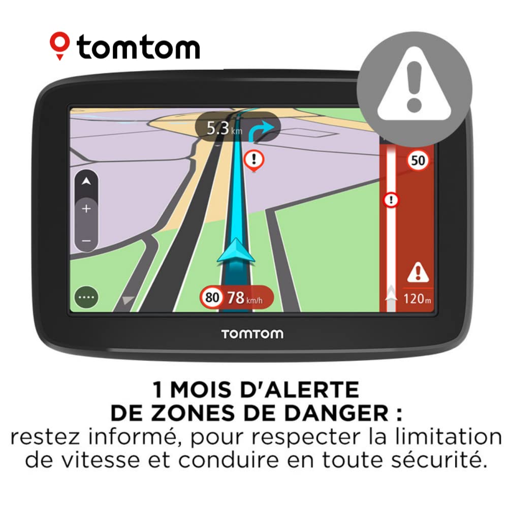 TomTom GPS Voiture GO Classic, 5 Pouces, Info Trafic, Essai des Alertes de Zones de Danger, Cartes EU, Mise à Jour Via WiFi, Fixation Reversible Intégrée Noir