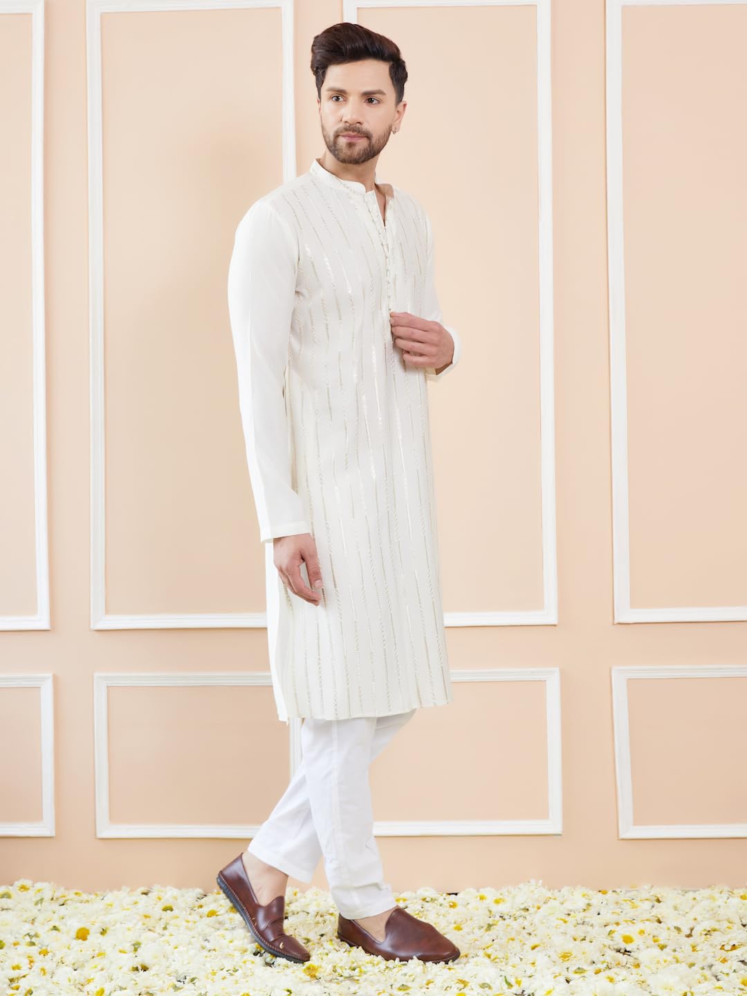 See Designs Men Full Sleeve Side Slit Off White And Gold Chanderi Silk Sequins Mandarin Collar Kurta - Sdkt2423Xs
