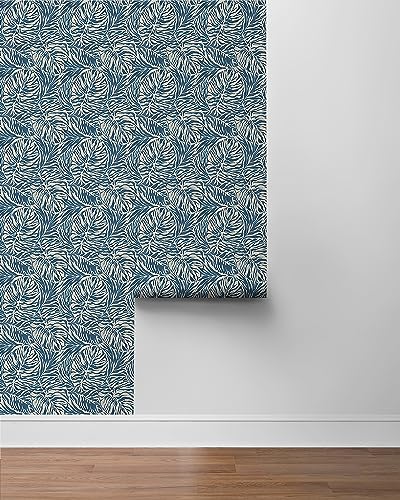 Image of Tommy Bahama - Peel and Stick Wallpaper, Tropical Wallpaper for Bedroom, Powder Room, Kitchen, Vinyl, 30.75 Sq Ft Coverage (Zebra Leaf Collection, Indigo)
