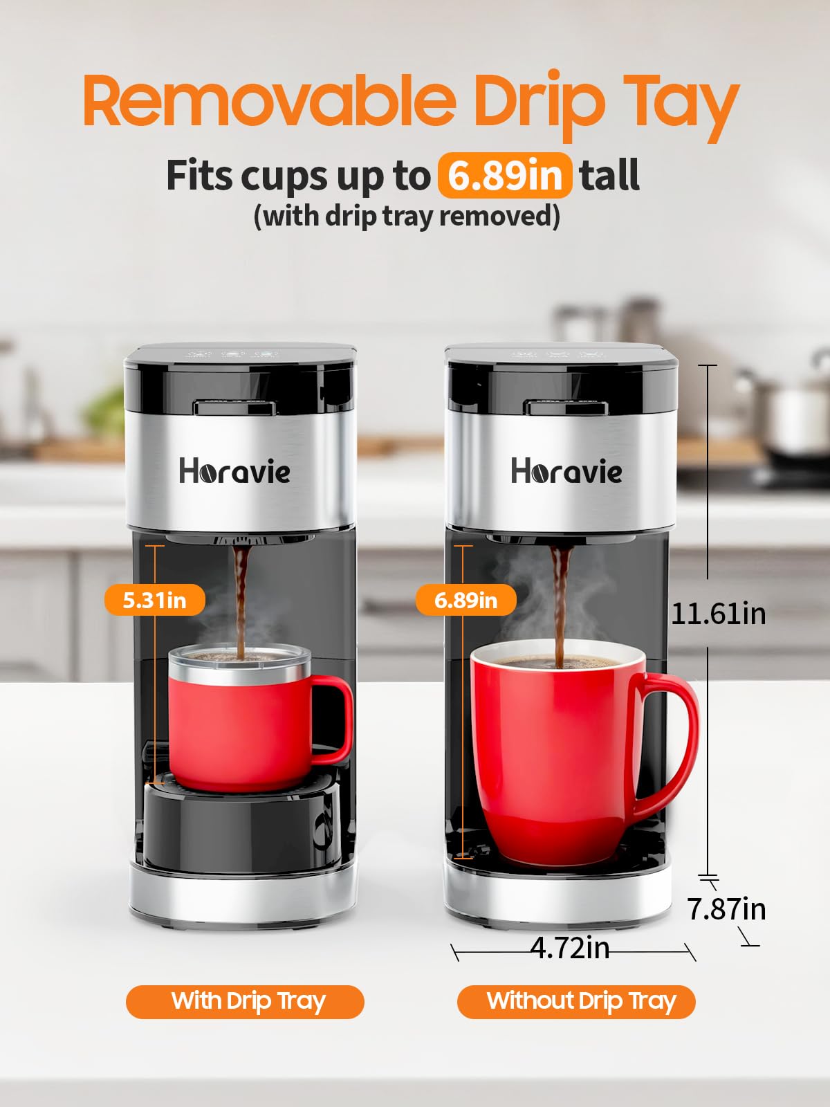 Horavie Single Serve Coffee Maker, Hot and Iced Coffee Maker for K Cup and Ground, 6 to 14 Oz Brew Sizes Single Cup Coffee Maker with Descaling Alert, Ideal for Home, Travel, RV and Dorm,Black — view 5