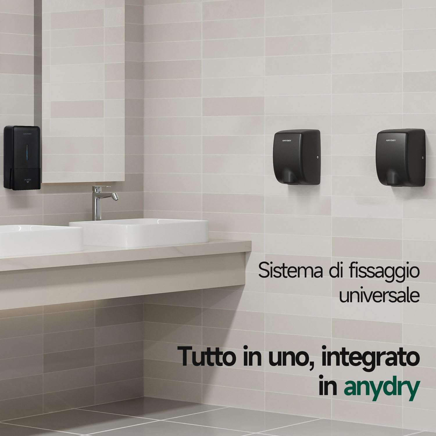 anydry Asciugamani 2803Y Mini, Flusso d'Aria ad Alta velocità 1350W, Finitura in Acciaio Inox Opaco, Compatto per Uso Domestico e Commerciale. (Opaco Nero)