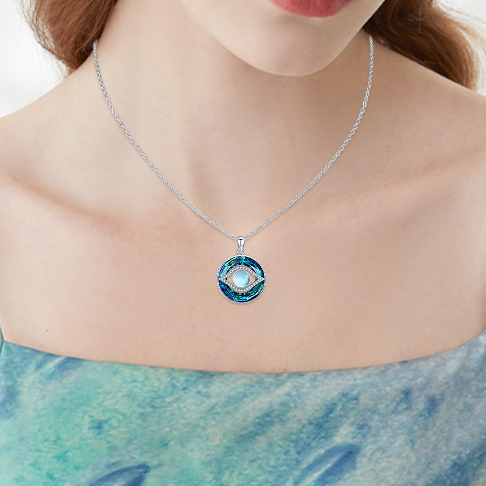 Collar de plata de ley 925 contra el mal de ojo, collar de piedra lunar, collar de cristal, regalo para mujer, talla única, Plata esterlina, Cristal