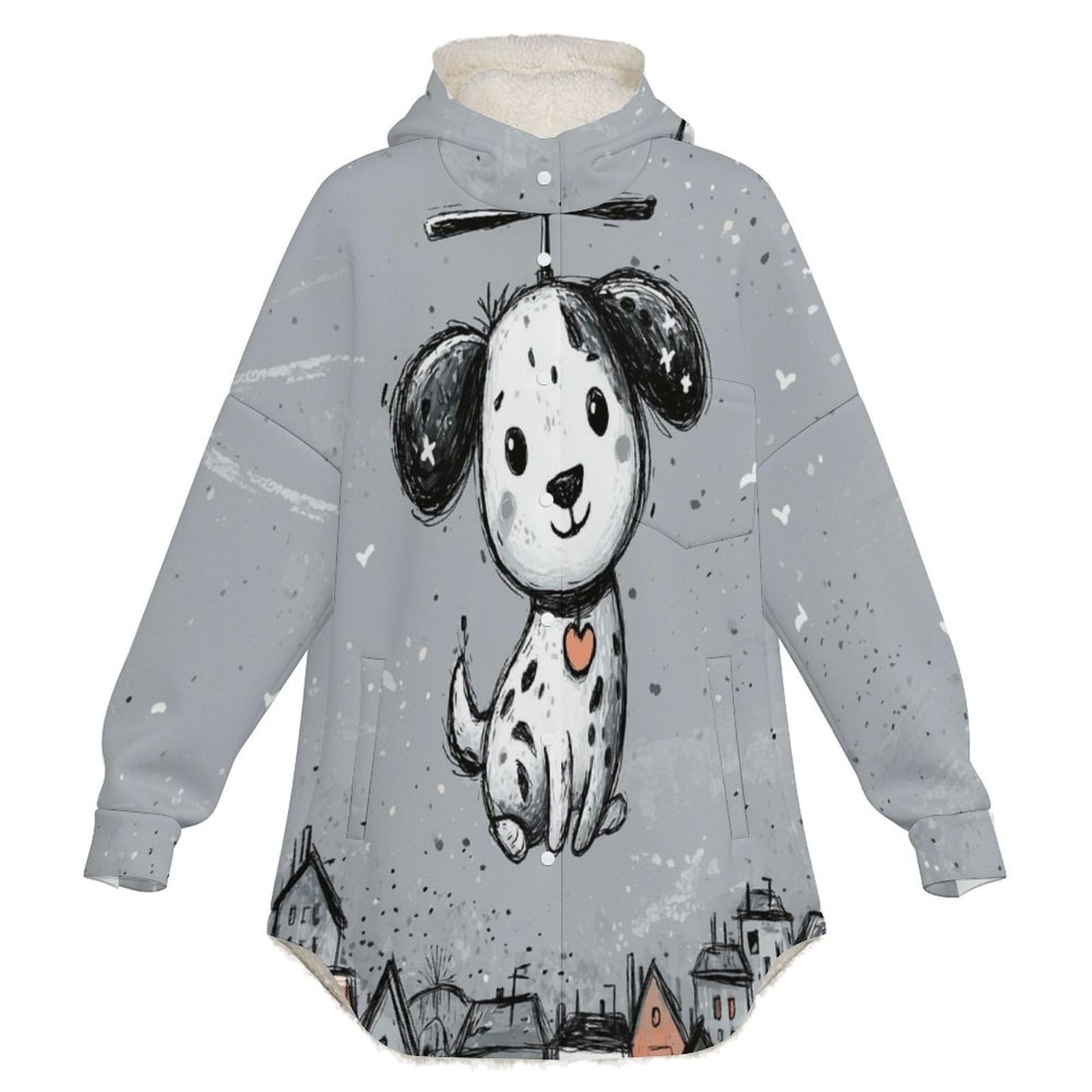 Sudadera Invierno con Capucha de Forro Polar Mujer Ciudad De Perros Helicóptero Cálido Hoodies a Manga Larga Felpa Sudadera con Bolsillos, Gris