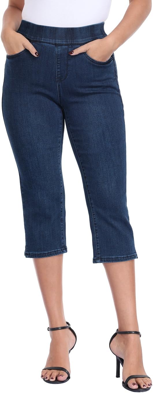 HDE Womens Pull On Capri Jeans Elastic High Waist Tummy Control 21" Inseam Slim Fit Cropped Stretch Denim Capris with Pockets