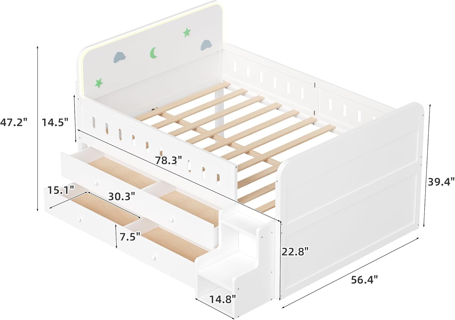 Merax Full High Floor Bed with 2-Tier 4 Lager Drawers and Storage Staircase, LED Lights, Sturdy Wood Platform Bedframe with Wood Slats & Guardrail, Funny Curved Headboard, Under Bed Storage, White