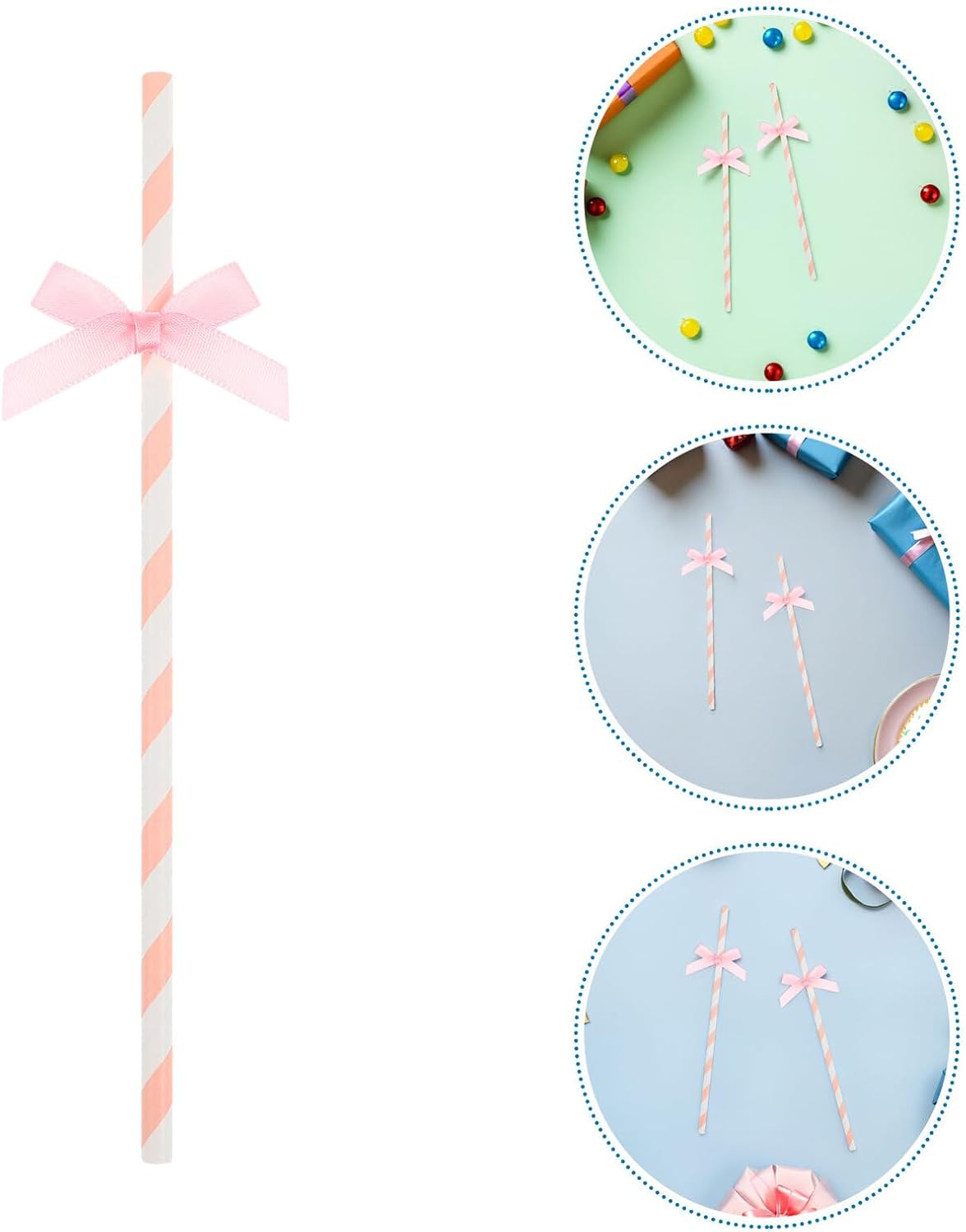NUOBESTY Creative Pink Paper Straws with Bow Decorations, 100pcs Disposable Juice and Smoothie Party Straws for Birthday Cake and Festival Celebration