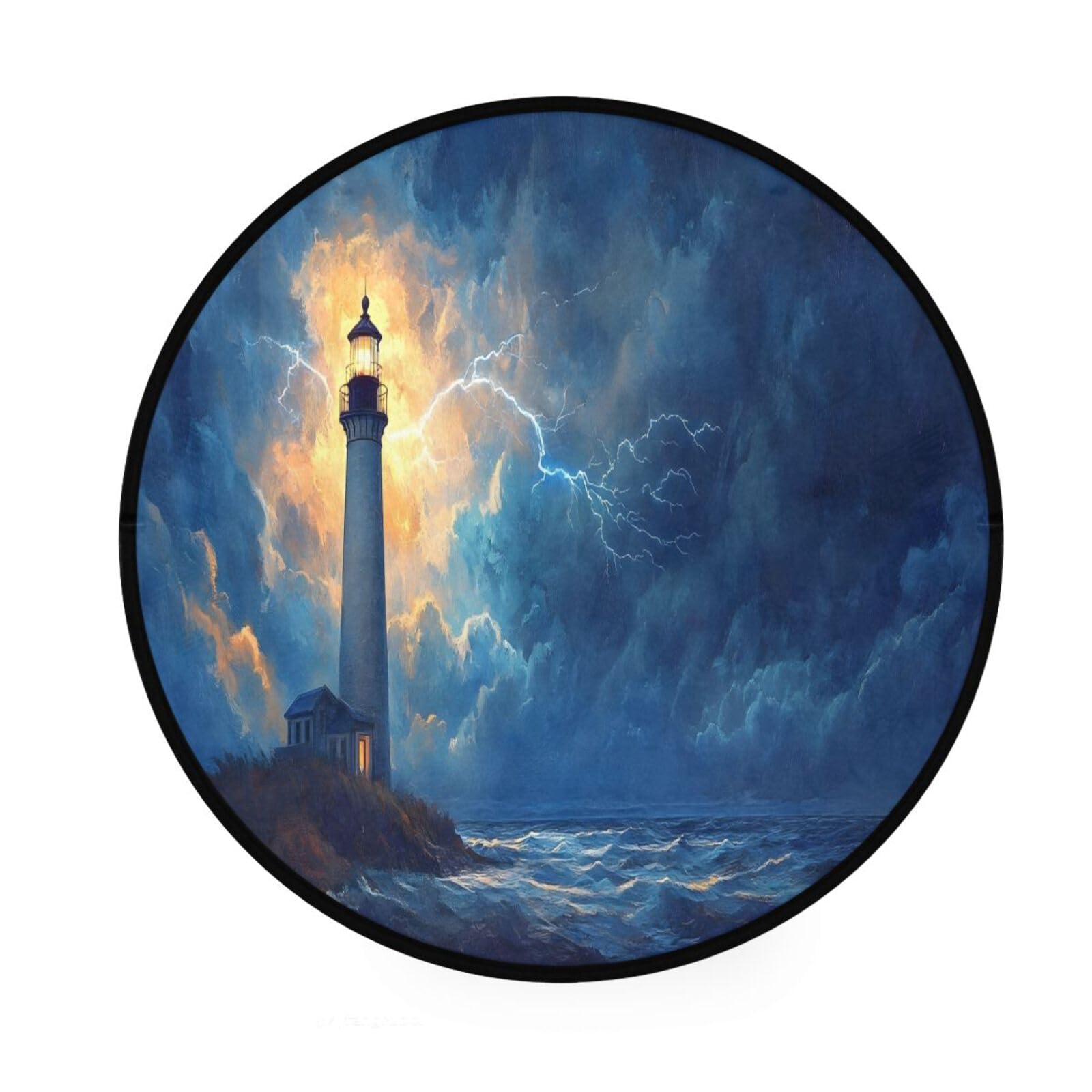 FLildon Lightning Sea Lighthouse Round Rug Non-Slip 3ft Area Rugs Low Pile Circle Carpet for Bedroom Living Room Indoor Decor Floor Mat