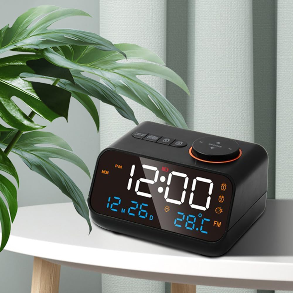 Réveil multifonction avec radio FM, horloge numérique LED rechargeable avec affichage de la température et de l'humidité, prend en charge l'activation du son, la luminosité / le volume réglable
